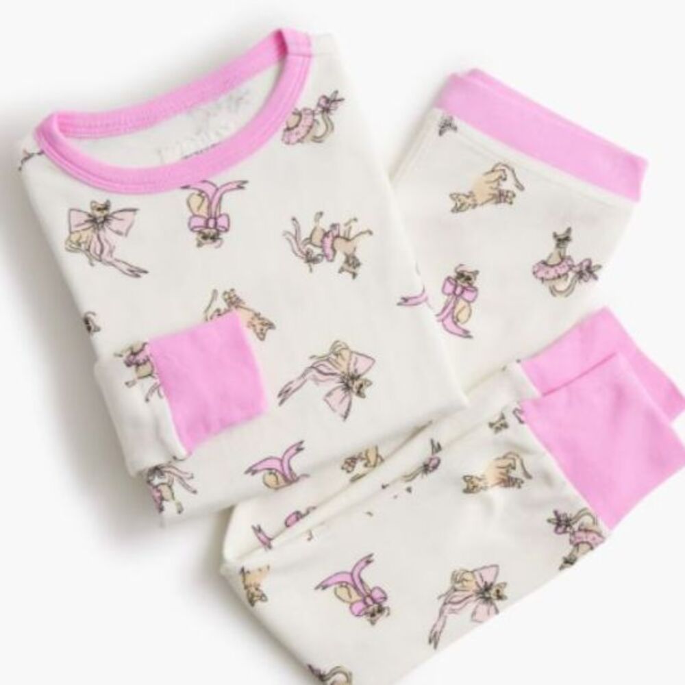 Crewcuts Girl's Bows and Cats Print Pajama Set Snug Fit 100% Cotton Long Sleeve